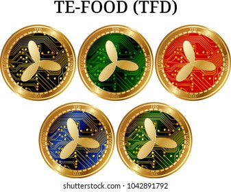 Set of physical golden coin TE-FOOD (TFD), digital cryptocurrency. TE-FOOD (TFD) icon set. Vector illustration isolated on white background.