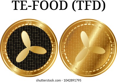 Set of physical golden coin TE-FOOD (TFD), digital cryptocurrency. TE-FOOD (TFD) icon set. Vector illustration isolated on white background.