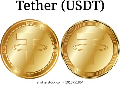 Set of physical golden coin Tether (USDT), digital cryptocurrency. Tether (USDT) icon set. Vector illustration isolated on white background.
