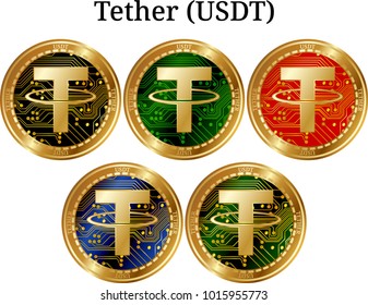 Juego de monedas de oro físico Tether (USDT), criptografía digital. Conjunto de iconos Tether (USDT). Ilustración vectorial aislada en fondo blanco.