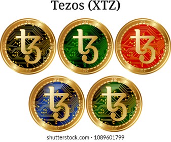 Set of physical golden coin Tezos (XTZ), digital cryptocurrency. Tezos (XTZ) icon set. Vector illustration isolated on white background.