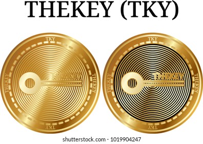 Set of physical golden coin Thekey (TKY), digital cryptocurrency. Thekey (TKY) icon set. Vector illustration isolated on white background.