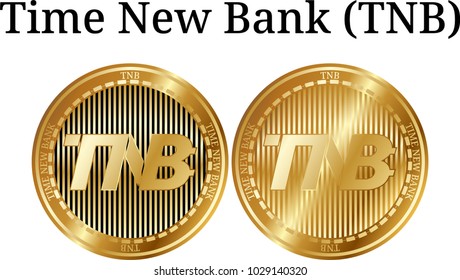Set of physical golden coin Time New Bank (TNB), digital cryptocurrency. Time New Bank (TNB) icon set. Vector illustration isolated on white background.