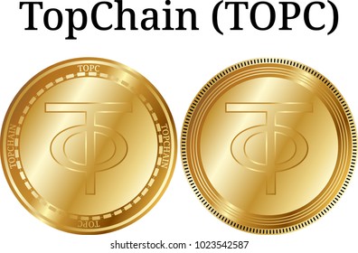 Set of physical golden coin TopChain (TOPC), digital cryptocurrency. TopChain (TOPC) icon set. Vector illustration isolated on white background.