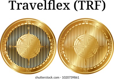 Set of physical golden coin Travelflex (TRF), digital cryptocurrency. Travelflex (TRF) icon set. Vector illustration isolated on white background.