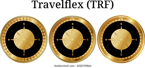 Set of physical golden coin Travelflex (TRF), digital cryptocurrency. Travelflex (TRF) icon set. Vector illustration isolated on white background.