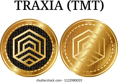 Set of physical golden coin TRAXIA (TMT), digital cryptocurrency.  icon set. Vector illustration isolated on white background.