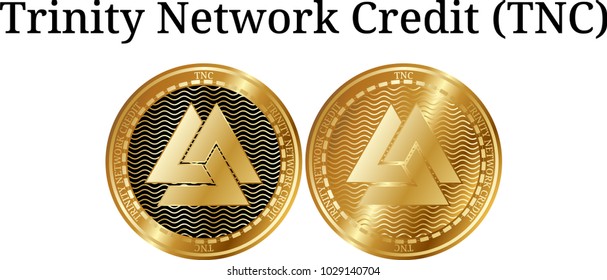 Set of physical golden coin Trinity Network Credit (TNC), digital cryptocurrency. Trinity Network Credit (TNC) icon set. Vector illustration isolated on white background.