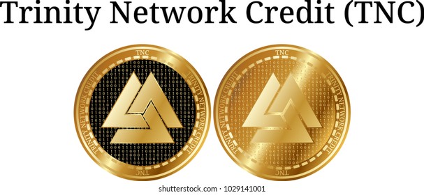 Set of physical golden coin Trinity Network Credit (TNC), digital cryptocurrency. Trinity Network Credit (TNC) icon set. Vector illustration isolated on white background.