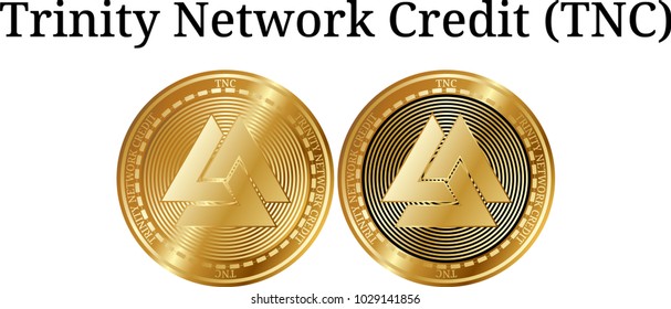 Set of physical golden coin Trinity Network Credit (TNC), digital cryptocurrency. Trinity Network Credit (TNC) icon set. Vector illustration isolated on white background.