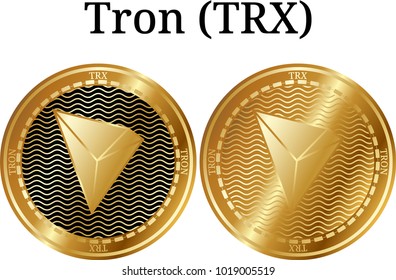 Set of physical golden coin Tron (TRX), digital cryptocurrency. Tron (TRX) icon set. Vector illustration isolated on white background.