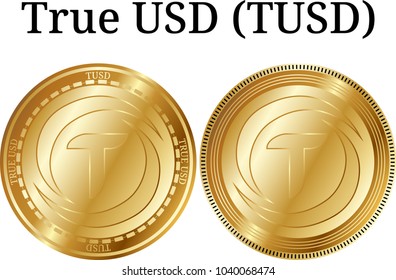 Set of physical golden coin True USD (TUSD), digital cryptocurrency. True USD (TUSD) icon set. Vector illustration isolated on white background.