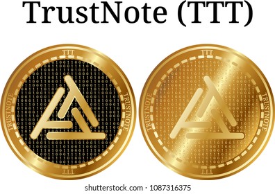 Set of physical golden coin TrustNote (TTT), digital cryptocurrency. TrustNote (TTT) icon set. Vector illustration isolated on white background.