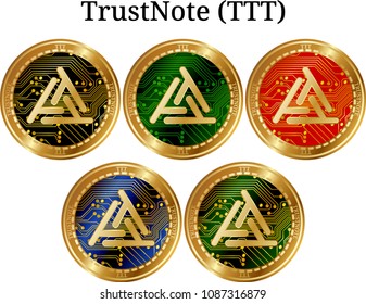 Set of physical golden coin TrustNote (TTT), digital cryptocurrency. TrustNote (TTT) icon set. Vector illustration isolated on white background.