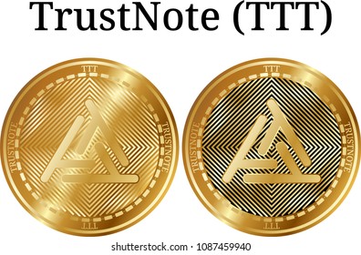Set of physical golden coin TrustNote (TTT), digital cryptocurrency. TrustNote (TTT) icon set. Vector illustration isolated on white background.