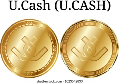 Set of physical golden coin U.Cash (U.CASH), digital cryptocurrency. U.Cash (U.CASH) icon set. Vector illustration isolated on white background.