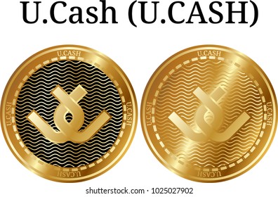 Set of physical golden coin U.Cash (U.CASH), digital cryptocurrency. U.Cash (U.CASH) icon set. Vector illustration isolated on white background.