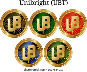 Set of physical golden coin Unibright (UBT), digital cryptocurrency. Unibright (UBT) icon set. Vector illustration isolated on white background.