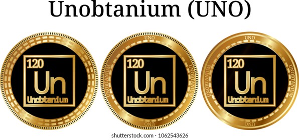 Set of physical golden coin Unobtanium (UNO), digital cryptocurrency. Unobtanium (UNO) icon set. Vector illustration isolated on white background.