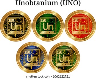 Set of physical golden coin Unobtanium (UNO), digital cryptocurrency. Unobtanium (UNO) icon set. Vector illustration isolated on white background.