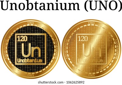 Set of physical golden coin Unobtanium (UNO), digital cryptocurrency. Unobtanium (UNO) icon set. Vector illustration isolated on white background.