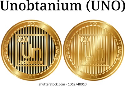 Set of physical golden coin Unobtanium (UNO), digital cryptocurrency. Unobtanium (UNO) icon set. Vector illustration isolated on white background.