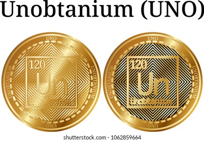 Set of physical golden coin Unobtanium (UNO), digital cryptocurrency. Unobtanium (UNO) icon set. Vector illustration isolated on white background.