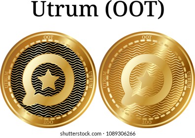 Set of physical golden coin Utrum (OOT), digital cryptocurrency. Utrum (OOT) icon set. Vector illustration isolated on white background.