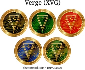 Set of physical golden coin Verge (XVG), digital cryptocurrency. Verge (XVG) icon set. Vector illustration isolated on white background.