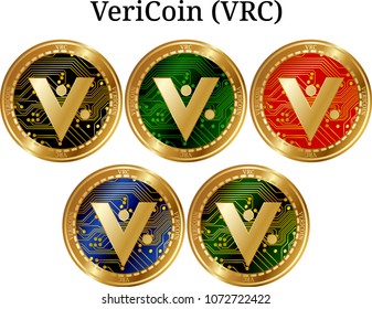 Set of physical golden coin VeriCoin (VRC), digital cryptocurrency. VeriCoin (VRC) icon set. Vector illustration isolated on white background.