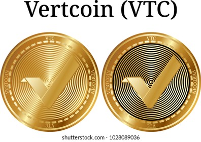Set of physical golden coin Vertcoin (VTC), digital cryptocurrency. Vertcoin (VTC) icon set. Vector illustration isolated on white background.