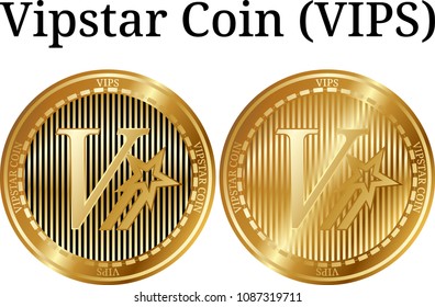 Set of physical golden coin Vipstar Coin (VIPS), digital cryptocurrency. Vipstar Coin (VIPS) icon set. Vector illustration isolated on white background.