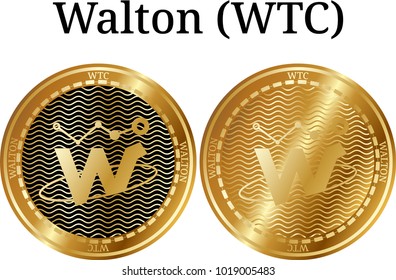Set of physical golden coin Walton (WTC), digital cryptocurrency. Walton (WTC) icon set. Vector illustration isolated on white background.