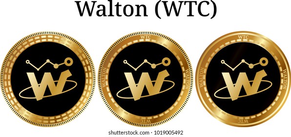 Set of physical golden coin Walton (WTC), digital cryptocurrency. Walton (WTC) icon set. Vector illustration isolated on white background.