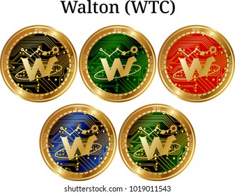 Set of physical golden coin Walton (WTC), digital cryptocurrency. Walton (WTC) icon set. Vector illustration isolated on white background.