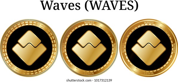 Set of physical golden coin Waves (WAVES), digital cryptocurrency. Waves (WAVES) icon set. Vector illustration isolated on white background.