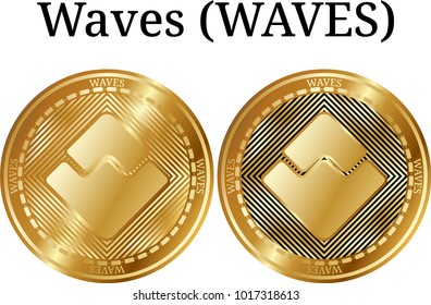 Set of physical golden coin Waves (WAVES), digital cryptocurrency. Waves (WAVES) icon set. Vector illustration isolated on white background.