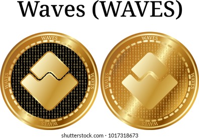 Set of physical golden coin Waves (WAVES), digital cryptocurrency. Waves (WAVES) icon set. Vector illustration isolated on white background.