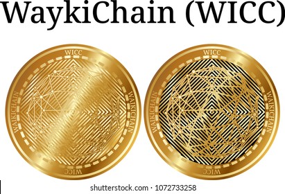 Set of physical golden coin WaykiChain (WICC), digital cryptocurrency. WaykiChain (WICC) icon set. Vector illustration isolated on white background.