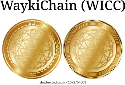 Set of physical golden coin WaykiChain (WICC), digital cryptocurrency. WaykiChain (WICC) icon set. Vector illustration isolated on white background.