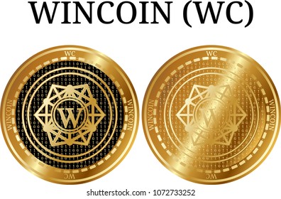 Set of physical golden coin WINCOIN (WC), digital cryptocurrency. WINCOIN (WC) icon set. Vector illustration isolated on white background.