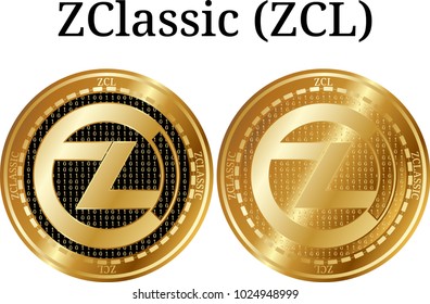 Set of physical golden coin ZClassic (ZCL), digital cryptocurrency. ZClassic (ZCL) icon set. Vector illustration isolated on white background.