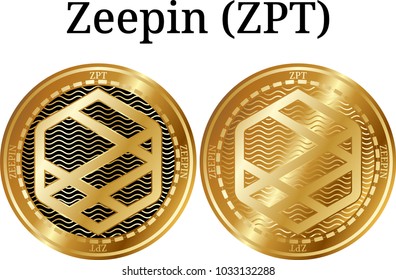Set of physical golden coin Zeepin (ZPT), digital cryptocurrency. Zeepin (ZPT) icon set. Vector illustration isolated on white background.