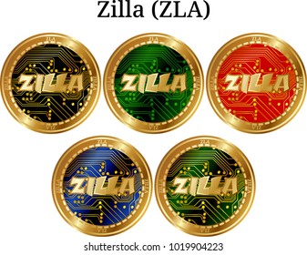 Set of physical golden coin Zilla (ZLA), digital cryptocurrency. Zilla (ZLA) icon set. Vector illustration isolated on white background.