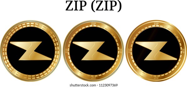 Set of physical golden coin ZIP (ZIP), digital cryptocurrency.  icon set. Vector illustration isolated on white background.
