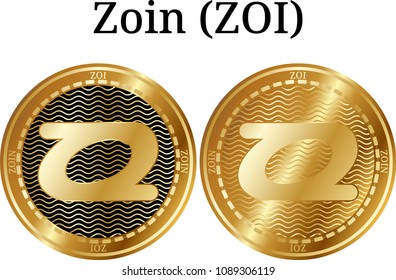 Set of physical golden coin Zoin (ZOI), digital cryptocurrency. Zoin (ZOI) icon set. Vector illustration isolated on white background.