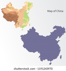 Set from the physical and graphic map of China from the dots on the background. Vector illustration.