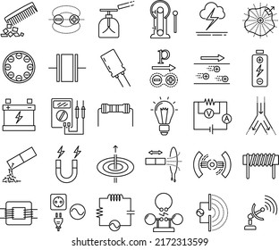 A set of physics electromagnetism vector line icons. Electrostatics, Electric field, Conductor, Electrodynamics, Electric Current, Magnetic field, Faraday's law, Inductance, Electromagnetic waves.