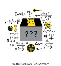 Set of physics formula, symbols, equations and Schrodinger's cat isolated on white background. Hand drawn illustration. Back to school background.