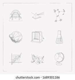 Set of physics icons line style symbols with chemical bulb, condensed matter physics, planet with satellite and other icons for your web mobile app logo design.